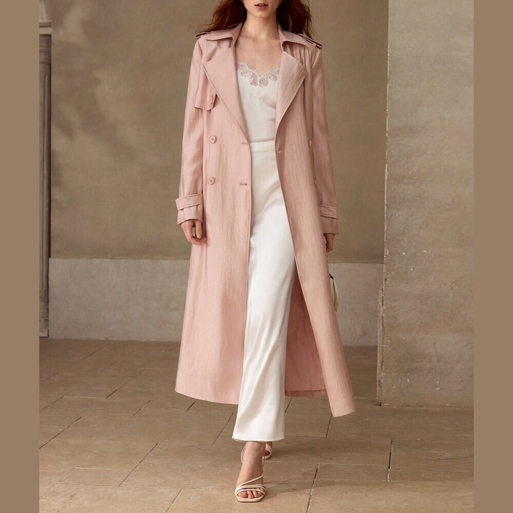 Blush Pink Longline Trench Coat with Belted Cuffs